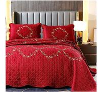ZTGL Quilt Set Elegant Floral Embroidery Pattern 3-Piece 100% Cotton Reversible Quilted Embroidered Decorative Bedspreads Coverlet Bedding Set, Lightweight &Soft, Queen/King Size,Red,229x229cm