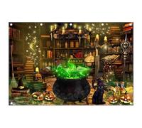 ZTHMOE 12x8ft Polyester Halloween Witch Photography Backdrop Magic Cauldron Bookshelf Background Pumpkin Spooky Room Party Decorations Photo Banner Props with Four Holes Easy to Hang