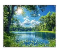 ZTHMOE Fabric 10x8ft Lake Natural Scenery Backdrop River Forest Tree Blue Sky Bokeh Background Picnic Camping Hiking Spring Outdoor Party Decorations Photoshoot Banner Props