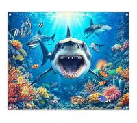 ZTHMOE Fabric 10x8ft Shark Theme Backdrop Under The Sea Underwater World Deep Ocean Aquarium Coral Reef Fish Photography Background Kids Party Decorations Photo Banner Props