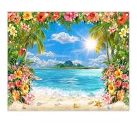 ZTHMOE Fabric 10x8ft Summer Hawaii Beach Photography Backdrop Tropical Palm Trees Blue Sky Ocean Surfboard Flowers Background Luau Party Decorations Aloha Photo Booth Props