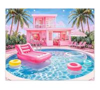 ZTHMOE Fabric 10x8ft Summer Swimming Pool Photography Backdrop Pink House Tropical Hawaii Palm Tree Swim Ring Water Background Girls Splish Splash Party Decorations Photo Props