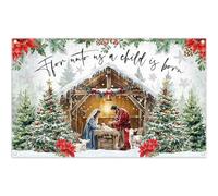 ZTHMOE Fabric 72x43inch Christmas Nativity Photography Backdrop Holy Birth of Jesus Xmas Tree Manger Religious Background Newborn Family Child Party Decoratins Photo Banne