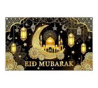 ZTHMOE Fabric 72x43inch Eid Mubarak Backdrop Black Gold Muslim Ramadan Glitter Crescent Moon Star Castle Lantern Photography Background Festival Party Decorations Photo Banner