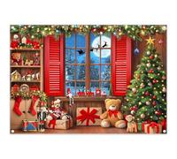 ZTHMOE Fabric 7x5ft Christmas Window Photography Backdrop Winter Night Merry Xmas Tree Santa Sock Toy Background Kids Girls Boys Party Decoration Family Photo Banner Props