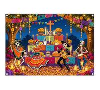ZTHMOE Fabric 7x5ft Day of the Dead Backdrop Mexican Fiesta Sugar Skull Dancing Día de Los Muertos Marigold Paper Photography Background Halloween Party Decorations Photo Props