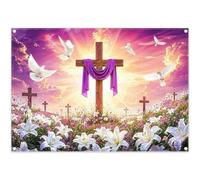 ZTHMOE Fabric 7x5ft Easter Jesus Cross Photography Backdrop He is Risen Holy Light Christian Church Event Dove Flowers Background Religious Party Decorations Photo Banner