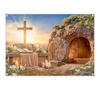 ZTHMOE Fabric 7x5ft Easter Jesus Empty Tomb Photography Backdrop He is Risen Christ Cross Resurrection Holy Light Stone Background Christian Church Party Decorations Photo Props