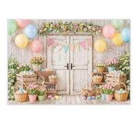 ZTHMOE Fabric 7x5ft Spring Easter Photography Backdrop White Rusitc Wood Door Rabbit Colorful Eggs Flowers Balloons Background Kids Family Party Decoratins Photo Props
