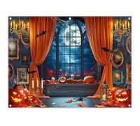 ZTHMOE Fabric 8x6ft Halloween Scary Night Window Photography Backdrop Spooky Full Moon Pumpkins Bats Horror Frames Background Kids Adults Party Decorations Photo Props