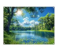 ZTHMOE Fabric 8x6ft Lake Natural Scenery Backdrop River Forest Tree Blue Sky Bokeh Background Picnic Camping Hiking Spring Outdoor Party Decorations Photoshoot Banner Props