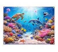 ZTHMOE Fabric 8x6ft Under The Sea Photography Backdrop Ocean Underwater World Animals Tropical Fish Dolphin Turtle Mermaid Sunlight Background Kids Party Decorations Photo Props