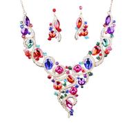 Zthread Crystal Flower Rib Statement Necklace Rhinestone Vintage Chucky Necklace and Dangle Earrings Jewerly Set, One size, Zinc, Crystal