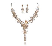 Zthread Rhinestone Crystal Bridal Necklace Floarl Art Deco Teardrop Collar Necklace Dangle Earrings Jewelry Set for Women, Acrylic, Zircon