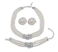 Zthread Vintage Pearl Wedding Jewelry Set, Multilayer Necklace, Earrings, Bracelet for Bride, Elegant Women Custome Fashion Accessories, 3-Piece, Crystal, Crystal
