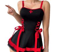 ZTIANEF crotchlessSexy Mesh Black Red Cosplay Nurse Uniform Suspender Erotic Lingerie Set, 1, XL