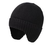 ZTL Merino Wool Waterproof Beanie Hat for Men & Women - Warm Fleece Lined Winter Hat with Ear Flaps, Thermal Knitted Ski Cap, Black, M/L