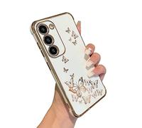 ZTOFERA Case for Samsung S23 5G, Plating Butterfly Pattern Case with Electroplate Golden Edging, Flexible TPU Protective Shockproof Bumper Cover for Samsung Galaxy S23 - White