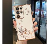 ZTOFERA Case for Samsung S24 Ultra 5G, Plating Butterfly Pattern Case with Electroplate Golden Edging, Flexible TPU Protective Shockproof Bumper Cover for Samsung Galaxy S24 Ultra - White