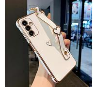 ZTOFERA Compatible with Samsung Galaxy A14 5G Case with Wrist Strap, Flexible Silicone Protective Phone Case with Cute Heart Pattern Stand Handle Finger Holder Gold Rim Shockproof Cover, White