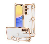 ZTOFERA Compatible with Samsung Galaxy A15 4G/5G Case with Wrist Strap, Flexible Silicone Protective Phone Case with Cute Heart Pattern Kickstand Handle Gold Trim Shockproof Cover, White