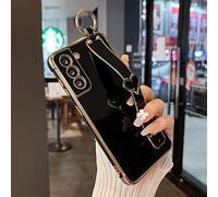 ZTOFERA Compatible with Samsung Galaxy S21 FE 5G Case with Wrist Strap, Flexible Silicone Phone Case with Cute Heart Pattern Hand Strap Finger Holder Stand Wristband Shockproof Cover, Black