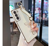 ZTOFERA Compatible with Samsung Galaxy S21 Plus 5G Case with Wrist Strap, Flexible Silicone Phone Case with Cute Heart Pattern Hand Strap Finger Holder Stand Wristband Shockproof Cover, White