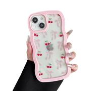 ZTOFERA for iPhone 13/iPhone 14 Case 6.1 inch,Cute Curly Wave Frame Shape Case with Cherry Ribbon Bow Pattern, Clear Slim Shockproof Hard PC Bumper Phone Cover for Women Girls, Peach Pink