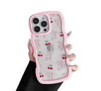 ZTOFERA for iPhone 14 Pro Max Case 6.7 inch,Cute Curly Wave Frame Shape Case with Cherry Ribbon Bow Pattern, Clear Slim Shockproof Hard PC Bumper Phone Cover for Women Girls, Peach Pink