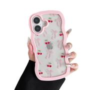 ZTOFERA for iPhone 16 Case 6.1 inch,Cute Curly Wave Frame Shape Case with Cherry Ribbon Bow Pattern, Clear Slim Shockproof Hard PC Bumper Phone Cover for Women Girls, Peach Pink