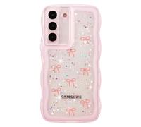 ZTOFERA for Samsung Galaxy S22 Plus Case Wavy Edge,Glitter Star & Bow Pattern Phone Case Cute for Girl Women, Soft TPU Shockproof Full Protection Clear Phone Cover for Samsung S22 Plus-Pink Bow