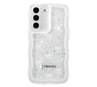 ZTOFERA for Samsung Galaxy S22 Plus Case Wavy Edge,Glitter Star & Bow Pattern Phone Case Cute for Girl Women, Soft TPU Shockproof Full Protection Clear Phone Cover for Samsung S22 Plus-White Bow