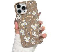 ZTOFERA Magnetic Case for iPhone 14 Pro Max, Flower Floral Pattern Glitter Soft TPU Slim Bumper Shockproof Protective Phone Cover, White Flower Brown