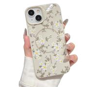 ZTOFERA Magnetic Case for iPhone 15, Flower Floral Pattern Glitter Soft TPU Slim Bumper Shockproof Protective Phone Cover, White Flower Beige