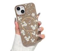 ZTOFERA Magnetic Case for iPhone 15, Flower Floral Pattern Glitter Soft TPU Slim Bumper Shockproof Protective Phone Cover, White Flower Brown