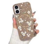 ZTOFERA Magnetic Case for iPhone 16, Flower Floral Pattern Glitter Soft TPU Slim Bumper Shockproof Protective Phone Cover, White Flower Brown