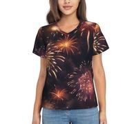 ZTPOWQA Beautiful Fireworks Print Women's Summer Tops -Casual Yet Dressy Short Sleeve Polyester Pullover Shirts Black