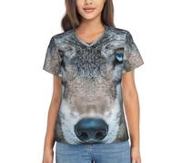 ZTPOWQA Blue Eyes Wolf Print Women's Summer Tops -Casual Yet Dressy Short Sleeve Polyester Pullover Shirts