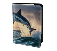 ZTPOWQA Blue Shark Print Men Women Passport Travel Document Stylish Secure Wallet Leather Case Accessory