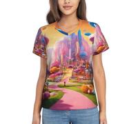 ZTPOWQA Candy Land Print Women's Summer Tops -Casual Yet Dressy Short Sleeve Polyester Pullover Shirts Black