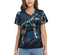 ZTPOWQA Wolf Motifs Draw Print Women's Summer Tops -Casual Yet Dressy Short Sleeve Polyester Pullover Shirts Black