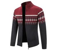 ZTRADA Mens Open Front Zip Cardigan Graphic Fleece Sweater Jumper for Autumn Winter Men Long Sleeve Full Zipper Up Coat Jacket Plush Sweatshirt Pullover with Pockets Wine Red UK Size 10