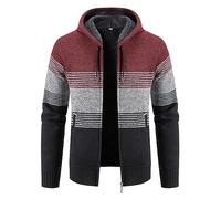 ZTRADA Mens Thick Warm Fleece Coat Jacket Stripe Zip Hoodie Pullover Men's Long Sleeve Hooded Hoodies Sweatshirt Knitted Knitwear Sweater Jumper with Pockets Wine Red UK Size 16