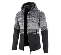 ZTRADA Mens Thick Warm Fleece Coat Jacket Stripe Zip Hoodie Pullover Men's Long Sleeve Hooded Hoodies Sweatshirt Knitted Knitwear Sweater Jumper with Pockets Dark Grey UK Size 12