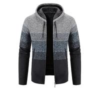 ZTRADA Mens Thick Warm Fleece Coat Jacket Stripe Zip Hoodie Pullover Men's Long Sleeve Hooded Hoodies Sweatshirt Knitted Knitwear Sweater Jumper with Pockets Light Grey UK Size 12