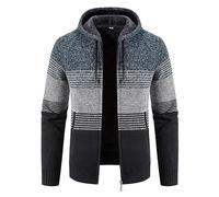 ZTRADA Mens Thick Warm Fleece Coat Jacket Stripe Zip Hoodie Pullover Men's Long Sleeve Hooded Hoodies Sweatshirt Knitted Knitwear Sweater Jumper with Pockets Blue UK Size 10