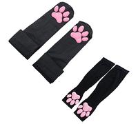 ZTVOWTO Cute Cat Paw Pad Thigh High Cosplay Socks With Pink 3D Kitten Claw Mittens Long Fingerless Gloves for Girls Women(Black-1)