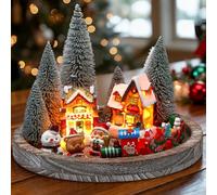Zubebe 13 Pcs Christmas Village Table Top Decor Set with Round Wood Tray House Ornaments Santa Trees Snowman DIY Holiday Nostalic Centerpieces for Home