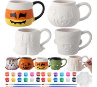 Zubebe 4 Sets Halloween Paint Your Own Mugs Craft Kit, Halloween Ceramic to Paint, Bat Face Green Monster Ghost Jack-o'-Lantern Pumpkin DIY Mugs, Festive Coffee Tea Cup with Paints, Brushes & Palette