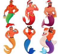 Zubebe 6 Pcs Large Merman Christmas Ornament Gay Christmas Ornaments Wood Santa Hat Candy Cane Merman Christmas Ornament with Gold Ribbon for LGBT Gay Christmas Tree Birthday Holiday Party Decorations